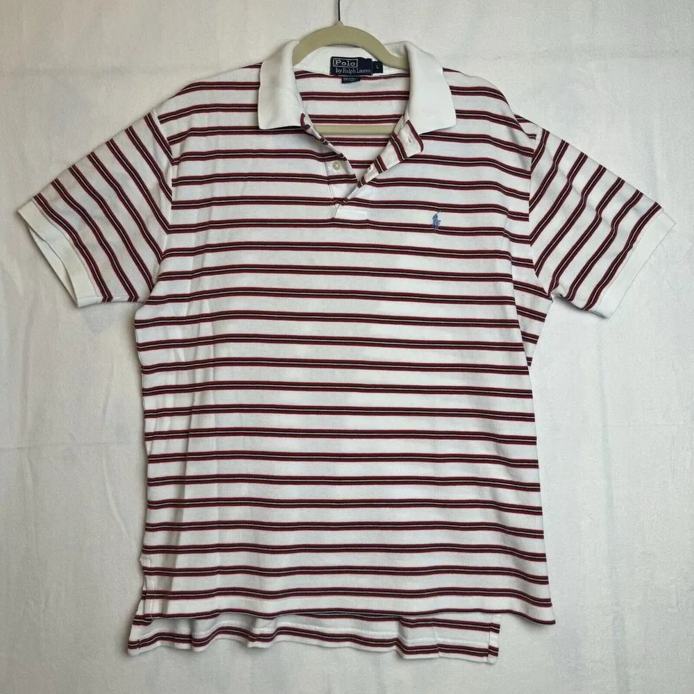 Polo Ralph Lauren Mens‎ Red White Striped Knit Short Polo Shirt Blue Pony Size L